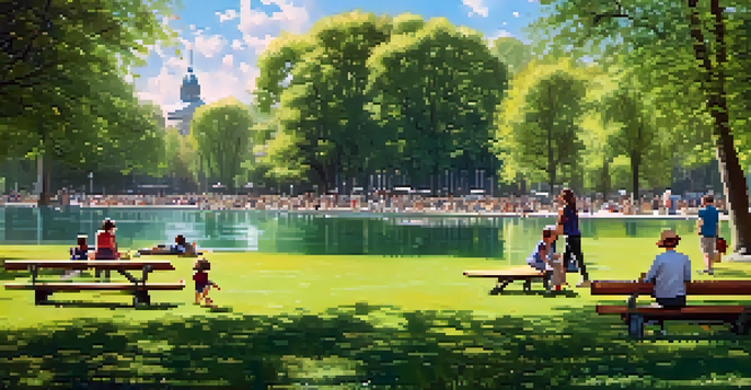 Families enjoying a sunny day at Retiro Park in Madrid, with children playing and the Crystal Palace in the background.