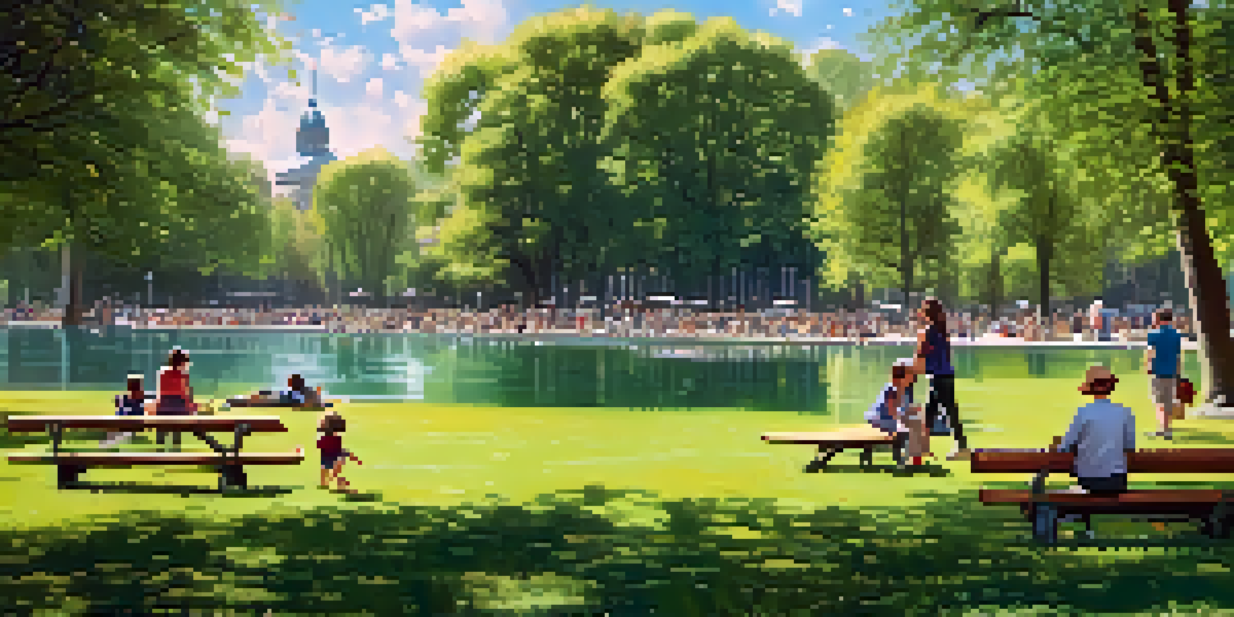 Families enjoying a sunny day at Retiro Park in Madrid, with children playing and the Crystal Palace in the background.