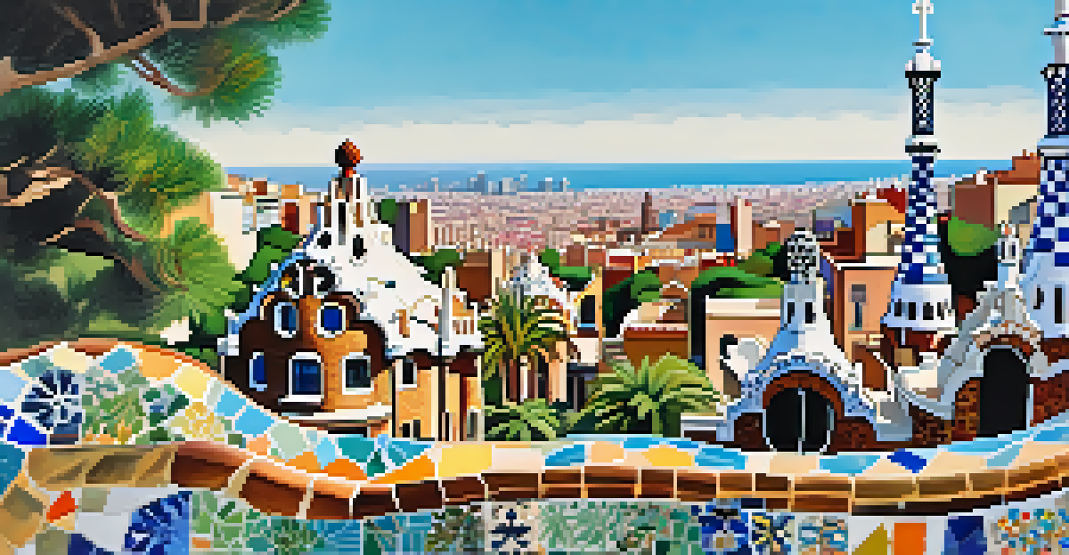 Aerial view of Park Güell in Barcelona, showcasing its colorful mosaics, gardens, and tourists enjoying the park under a bright blue sky.