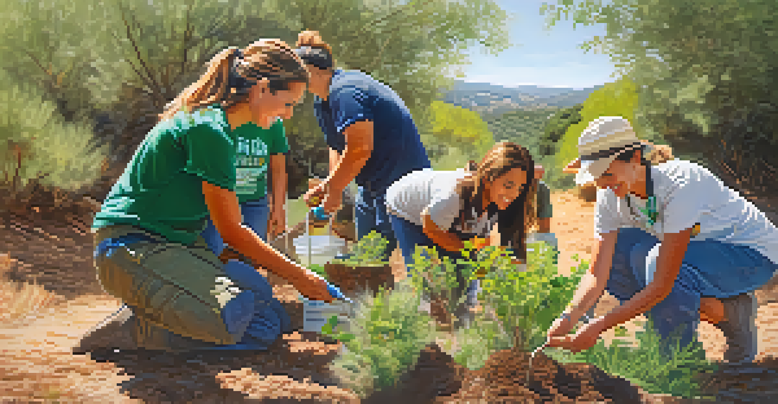 Volunteers planting native trees at a wildlife conservation event in Spain, showcasing teamwork and a restored habitat.