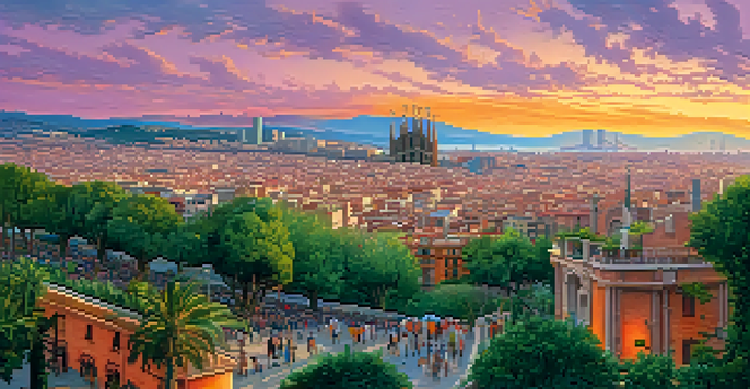 A scenic sunset view of Barcelona's skyline with Sagrada Familia and Montjuïc Hill, showcasing vibrant colors in the sky.