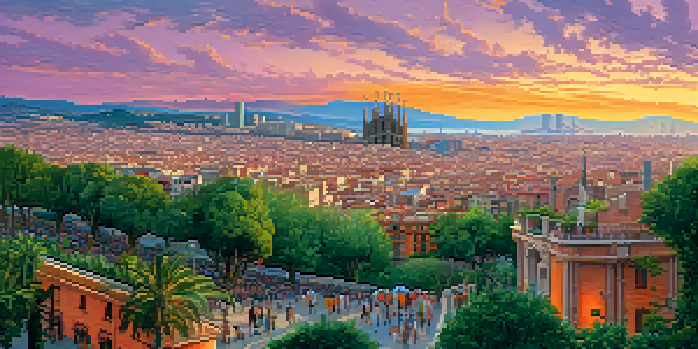 A scenic sunset view of Barcelona's skyline with Sagrada Familia and Montjuïc Hill, showcasing vibrant colors in the sky.