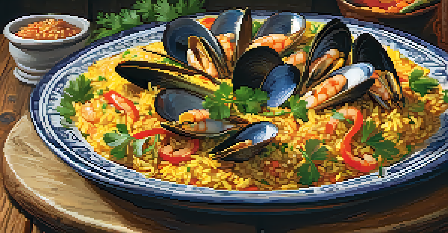A delicious plate of paella with seafood, rice, and garnishes, presented on a rustic wooden table.