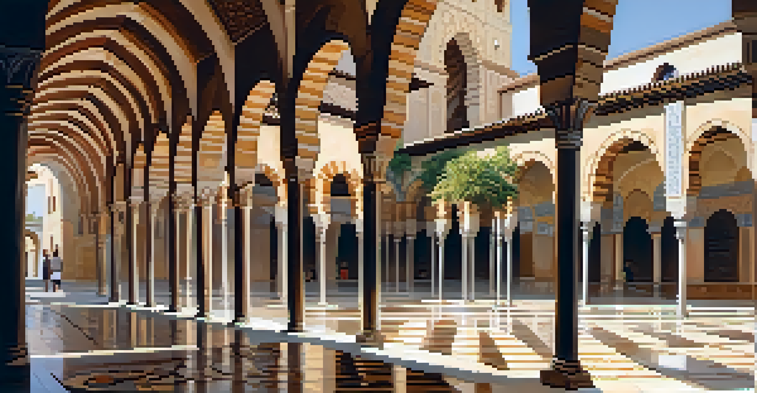 A tranquil courtyard in the Great Mosque of Córdoba, showcasing horseshoe arches and intricate tile patterns with sunlight filtering through.