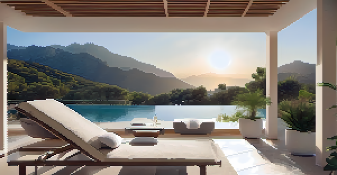 A peaceful morning at SHA Wellness Clinic with yoga mats in a garden and mountains in the background.