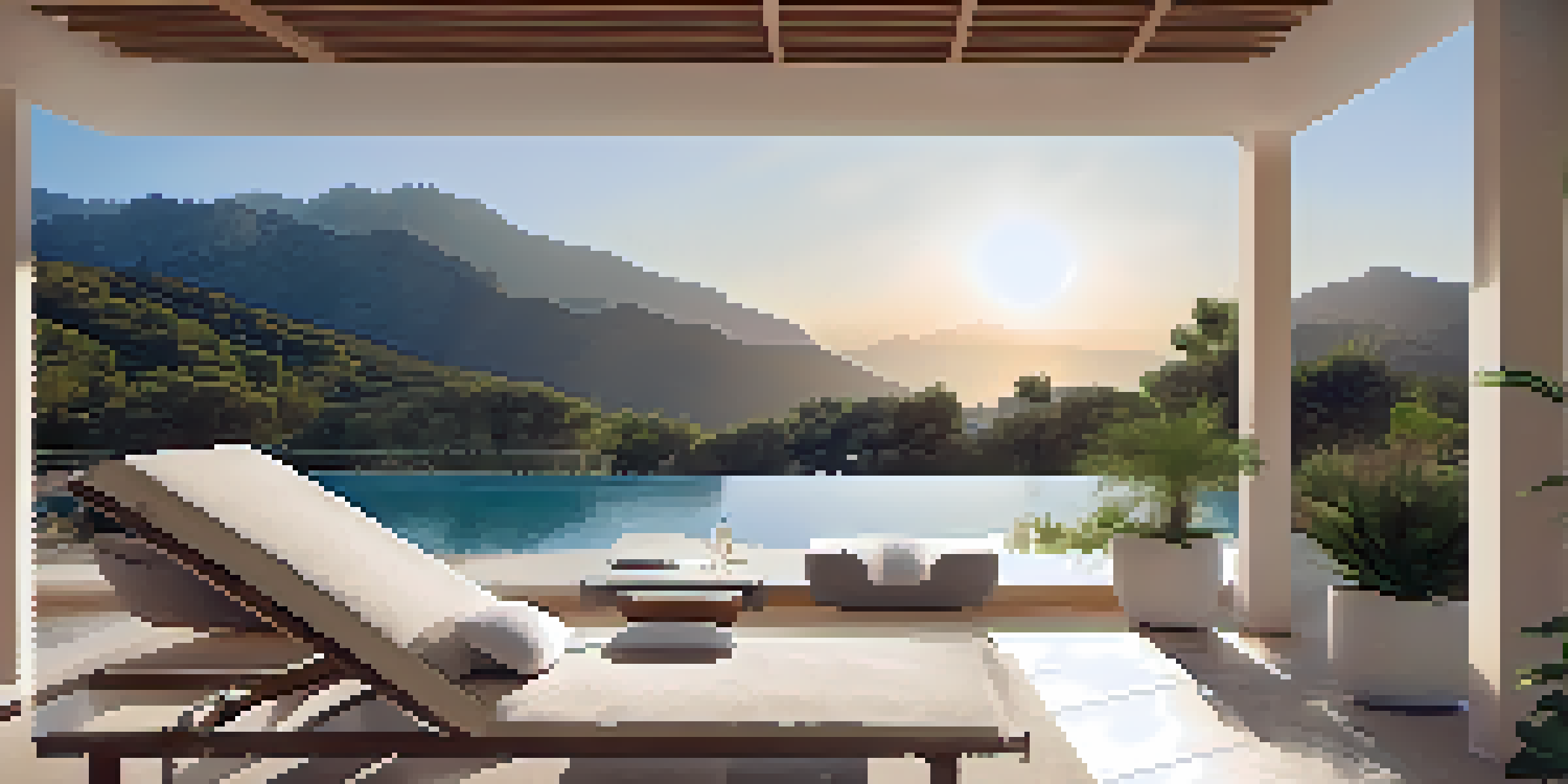 A peaceful morning at SHA Wellness Clinic with yoga mats in a garden and mountains in the background.