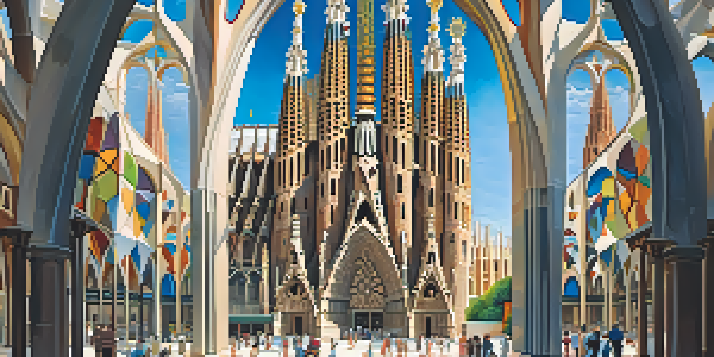 A photo of La Sagrada Familia, showcasing its detailed facades and tall spires with sunlight illuminating the stained glass.