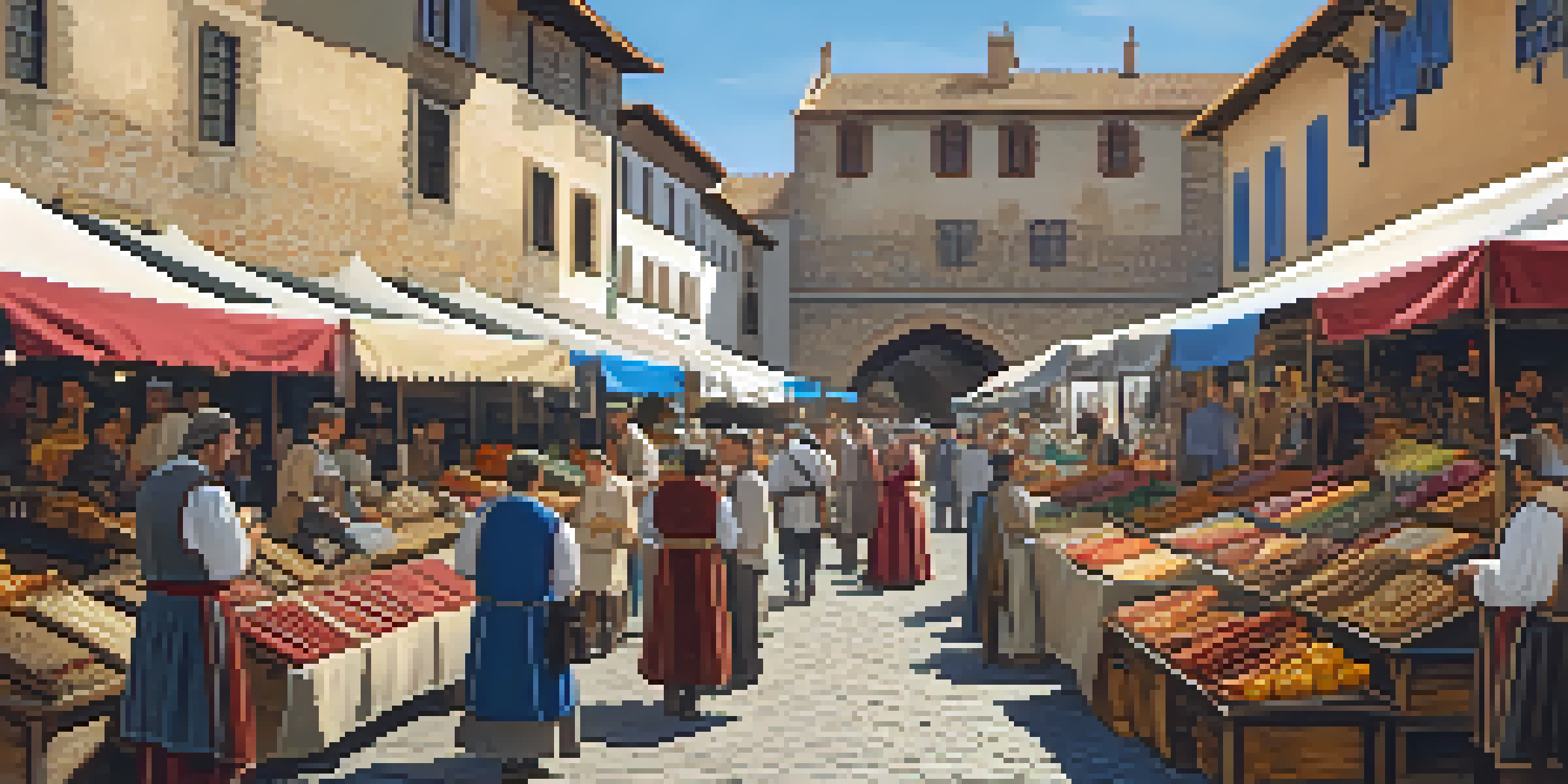 A lively medieval market in Ávila with colorful stalls, artisans, and visitors in period costumes.