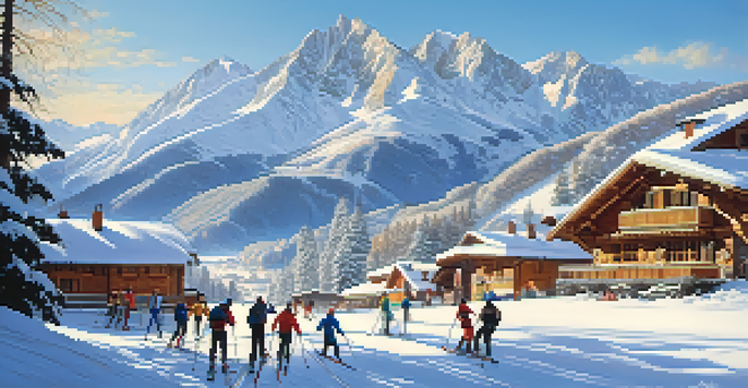 A scenic view of the Pyrenees mountains in winter, with skiers on a slope and wooden chalets in the background.