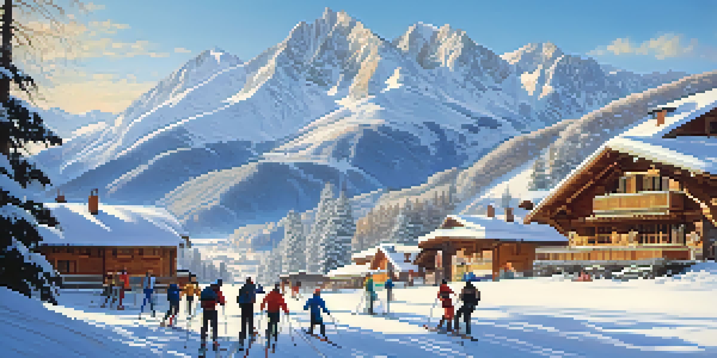 A scenic view of the Pyrenees mountains in winter, with skiers on a slope and wooden chalets in the background.