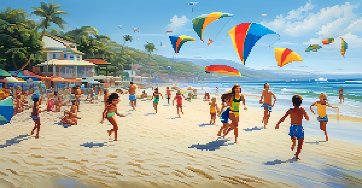 Families playing beach games on a sunny day, with children running on sand, ocean waves in the background, and kites flying in the sky.
