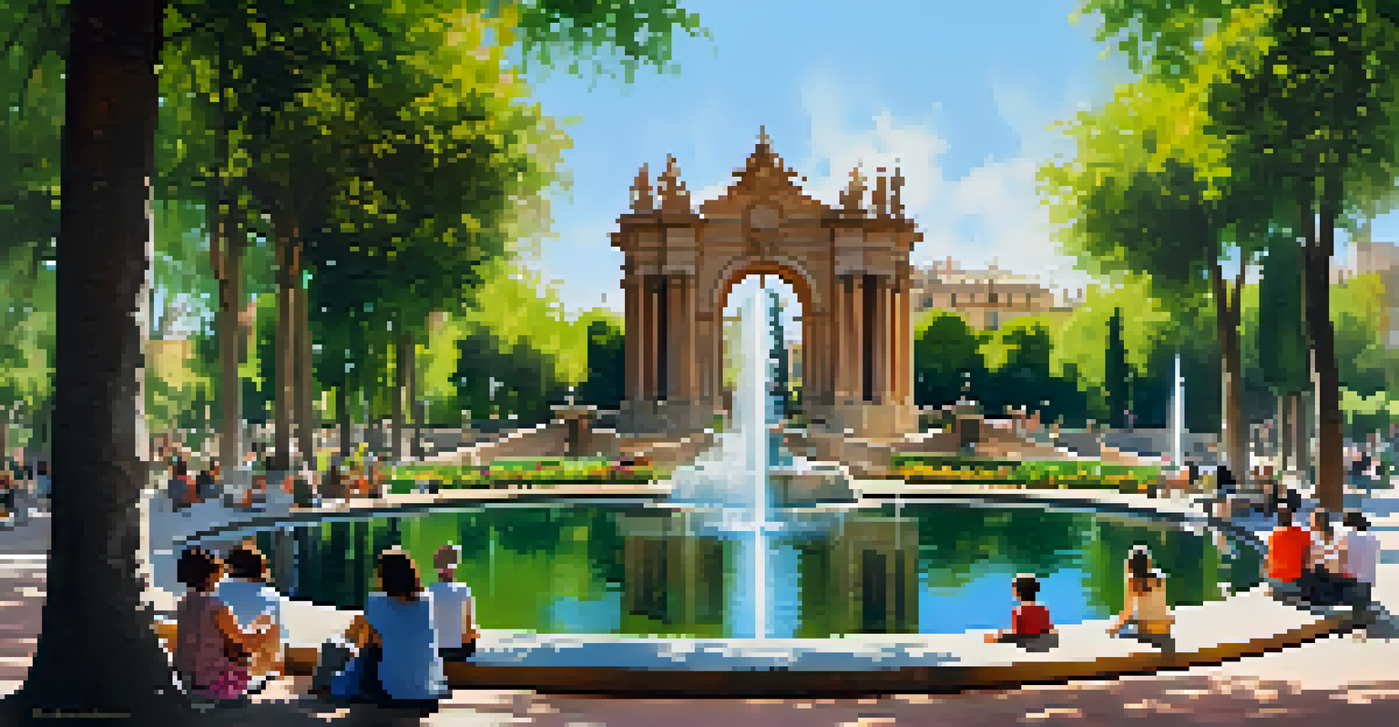 A peaceful park scene in Parc de la Ciutadella, featuring a fountain and people enjoying nature.