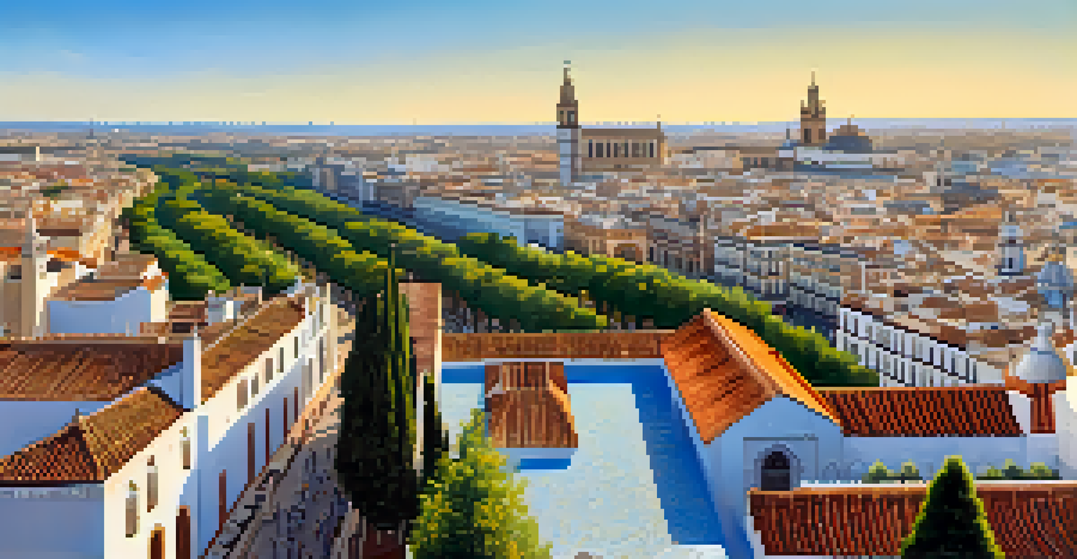 A panoramic view from the Giralda tower, showcasing the city of Seville with terracotta rooftops and the Guadalquivir River.