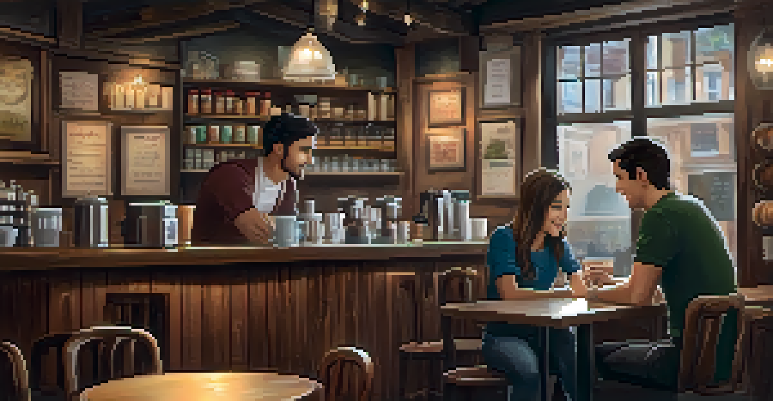 A student chatting with a barista in a cozy café filled with rustic furniture and warm lights, with a Spanish menu on display.