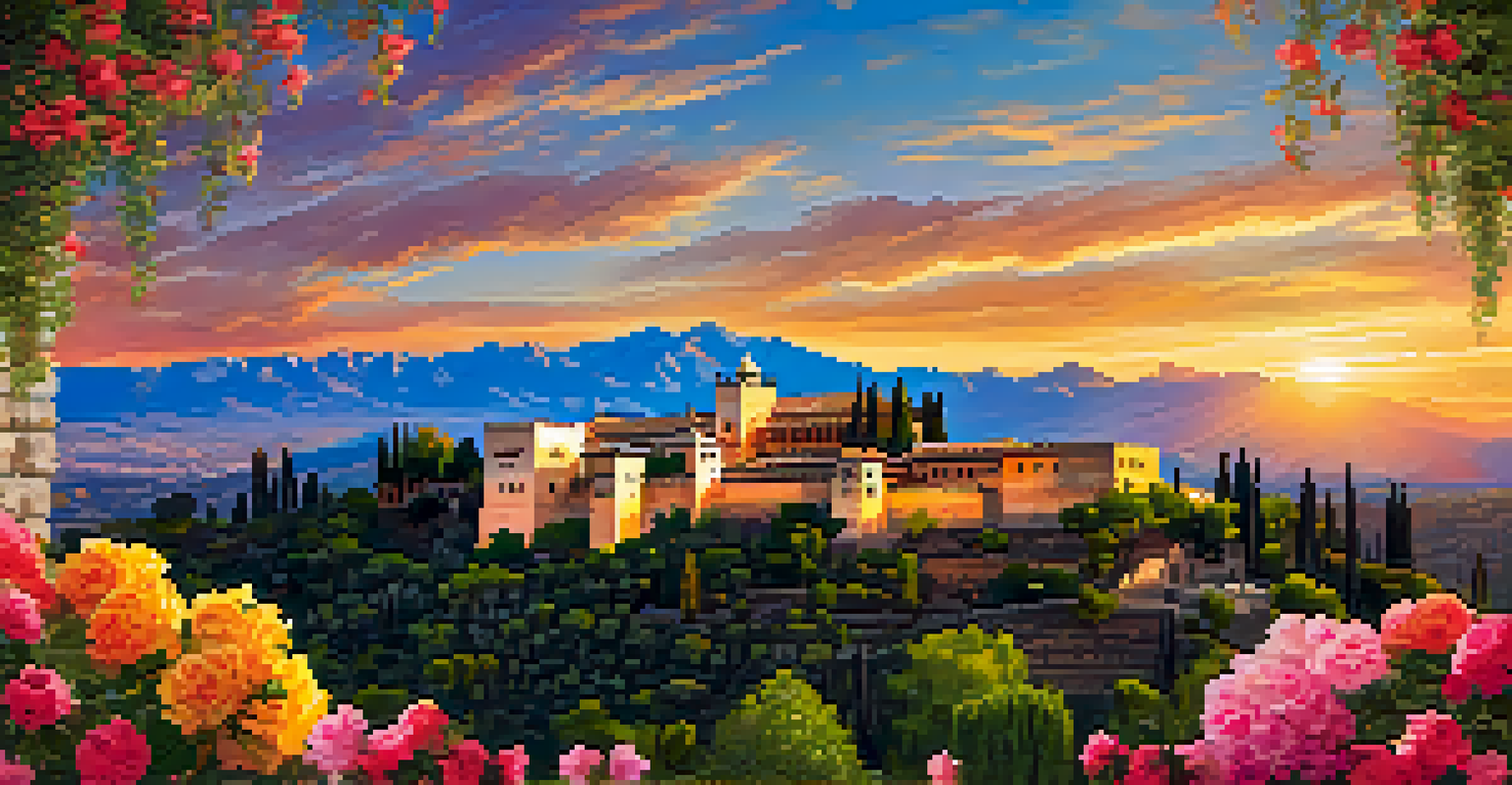 The Alhambra in Granada at sunset, with mountains in the background and colorful flowers in the foreground.