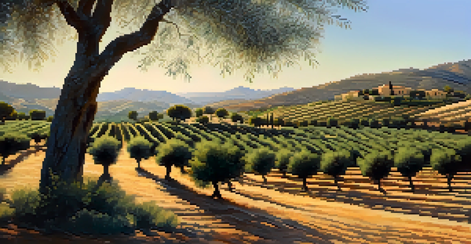 A beautiful olive grove in Andalusia with rows of olive trees under the warm afternoon sun.