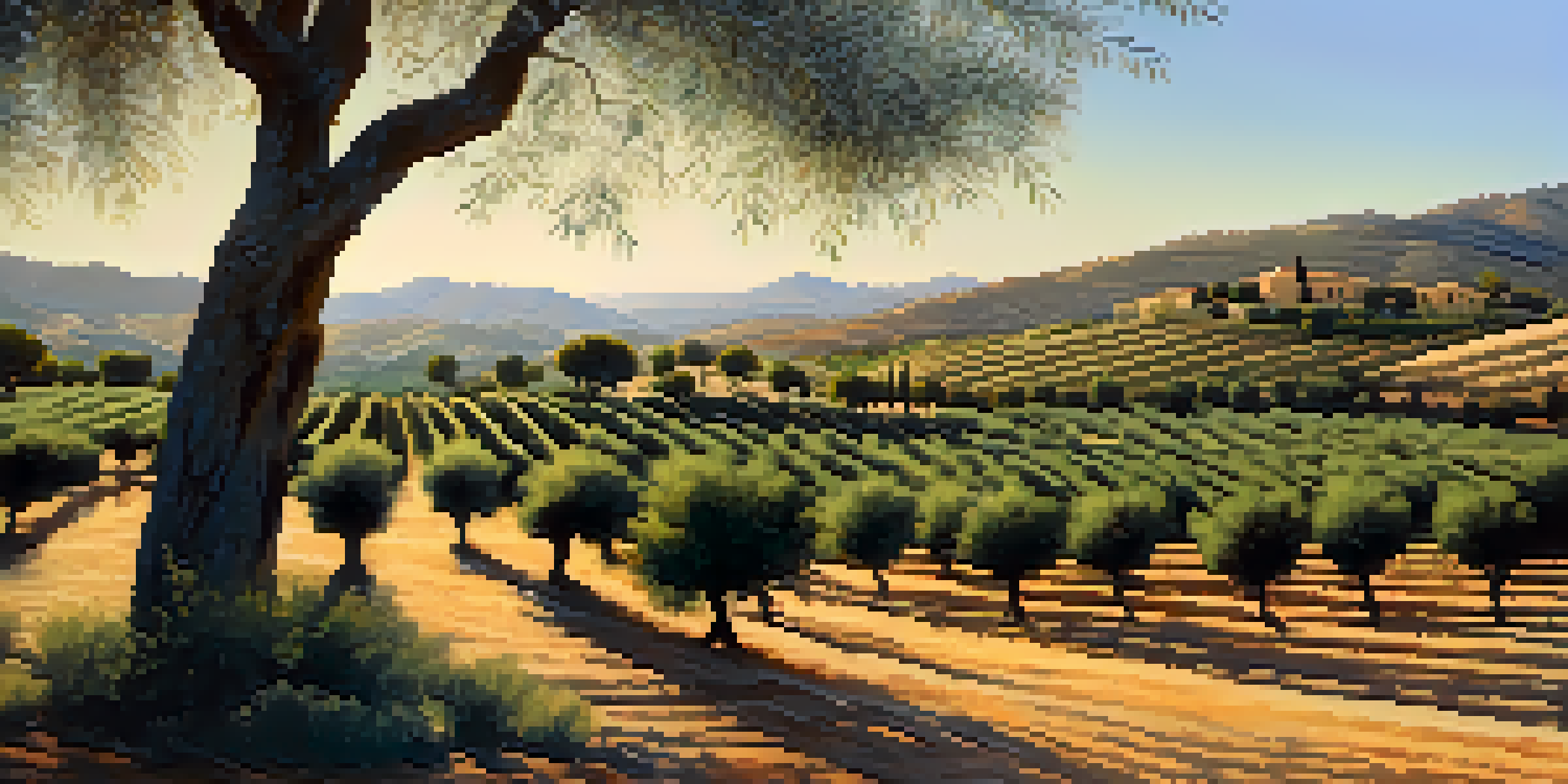 A beautiful olive grove in Andalusia with rows of olive trees under the warm afternoon sun.