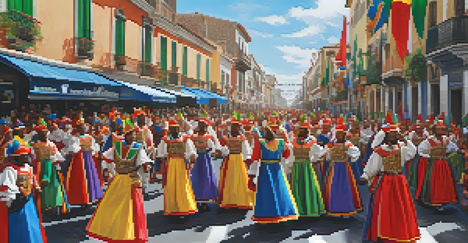 A festive parade showcasing elaborate costumes of Moors and Christians, with a lively crowd and colorful decorations.