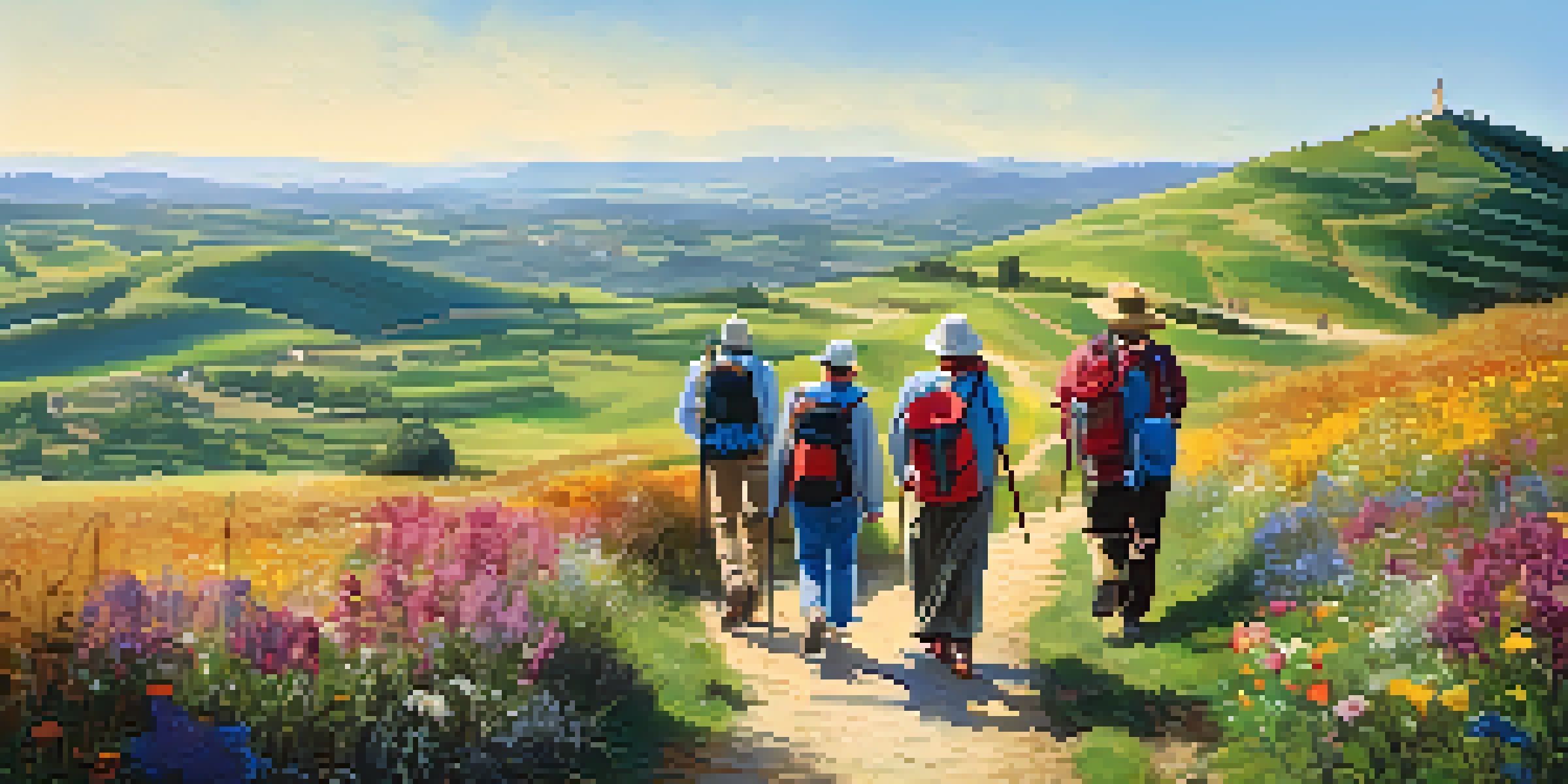 A scenic view of the Camino de Santiago with pilgrims walking along a flower-lined path and hills in the background.