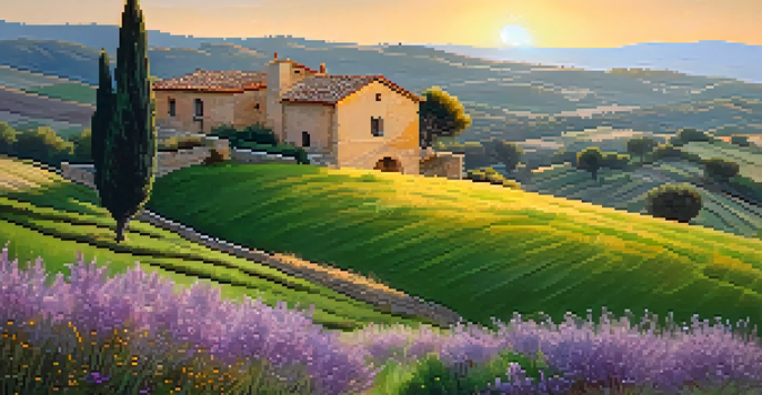 A beautiful rural landscape in Spain with rolling green hills, olive trees, and a traditional stone farmhouse under a sunset glow.