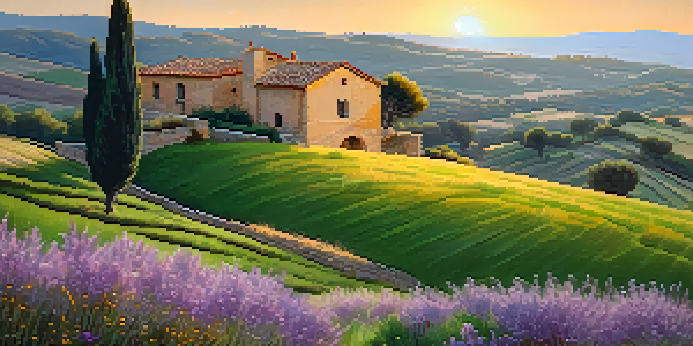 A beautiful rural landscape in Spain with rolling green hills, olive trees, and a traditional stone farmhouse under a sunset glow.