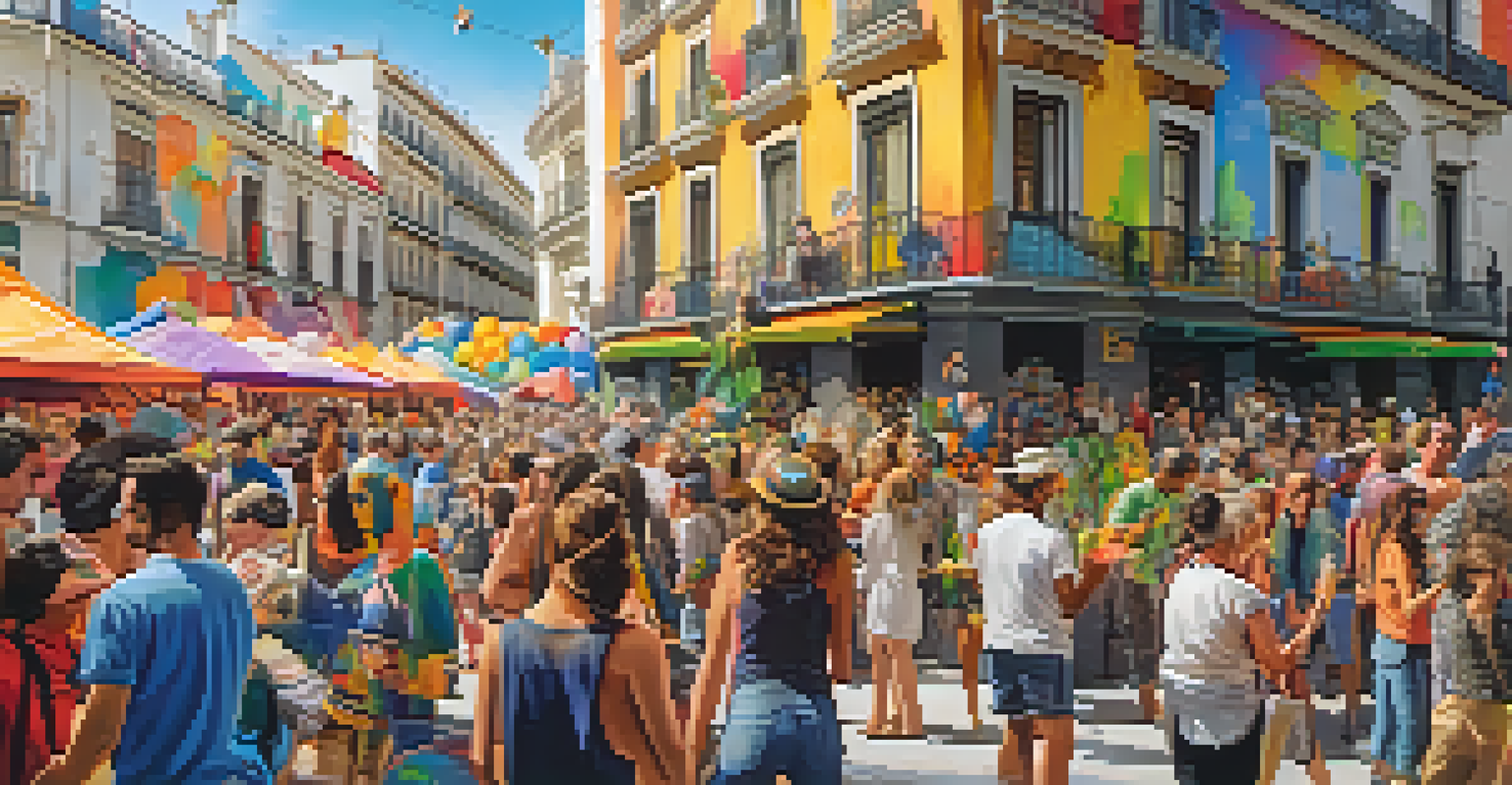 Artists painting murals at a street art festival in Madrid, surrounded by onlookers and colorful decorations.