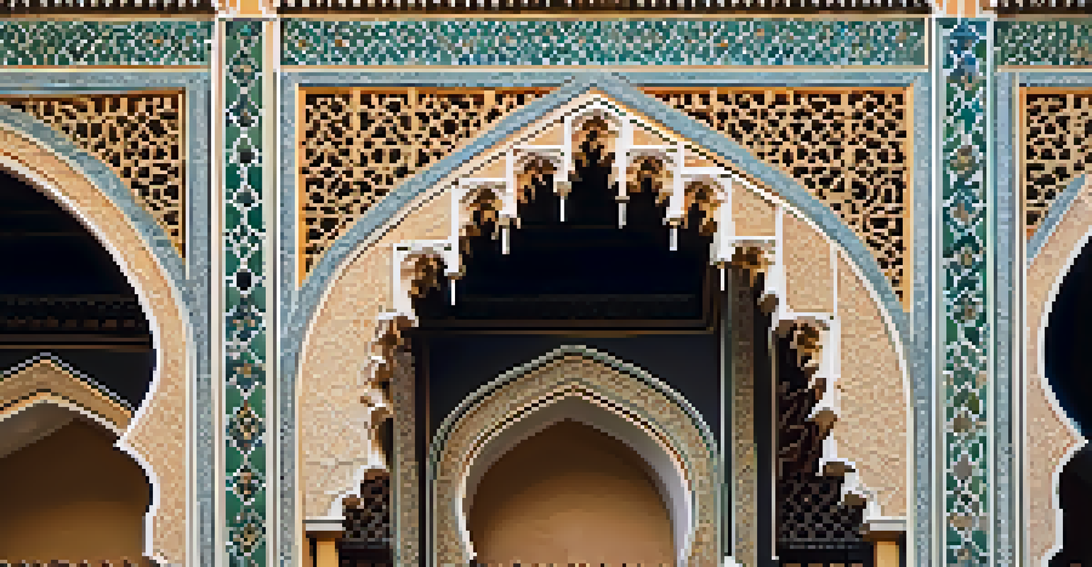 A close-up view of the ornate tile work and arches of the Alcázar of Seville, illuminated by soft light.
