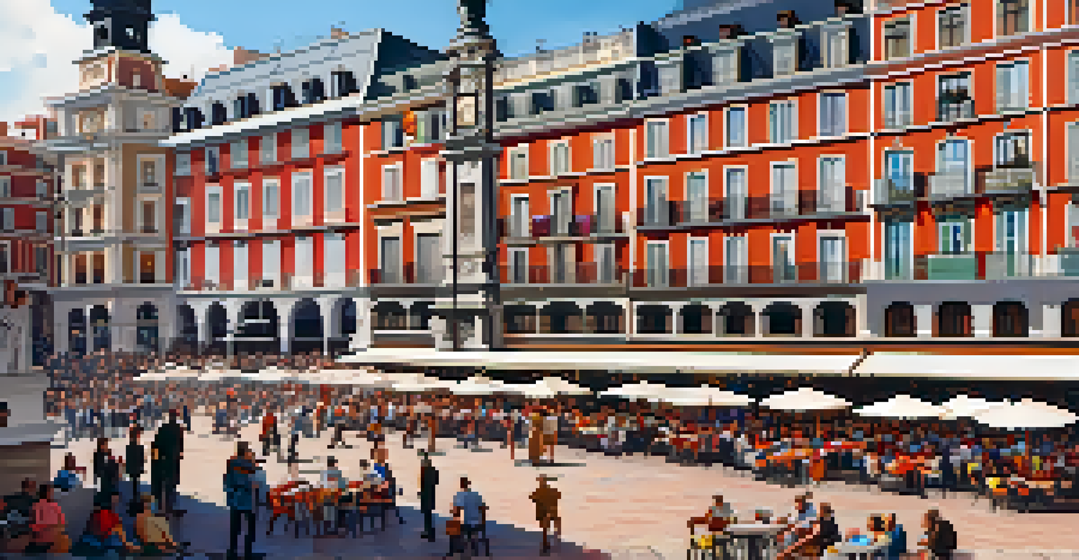 A bustling Plaza Mayor in Madrid with people, cafés, and the statue of King Philip III.