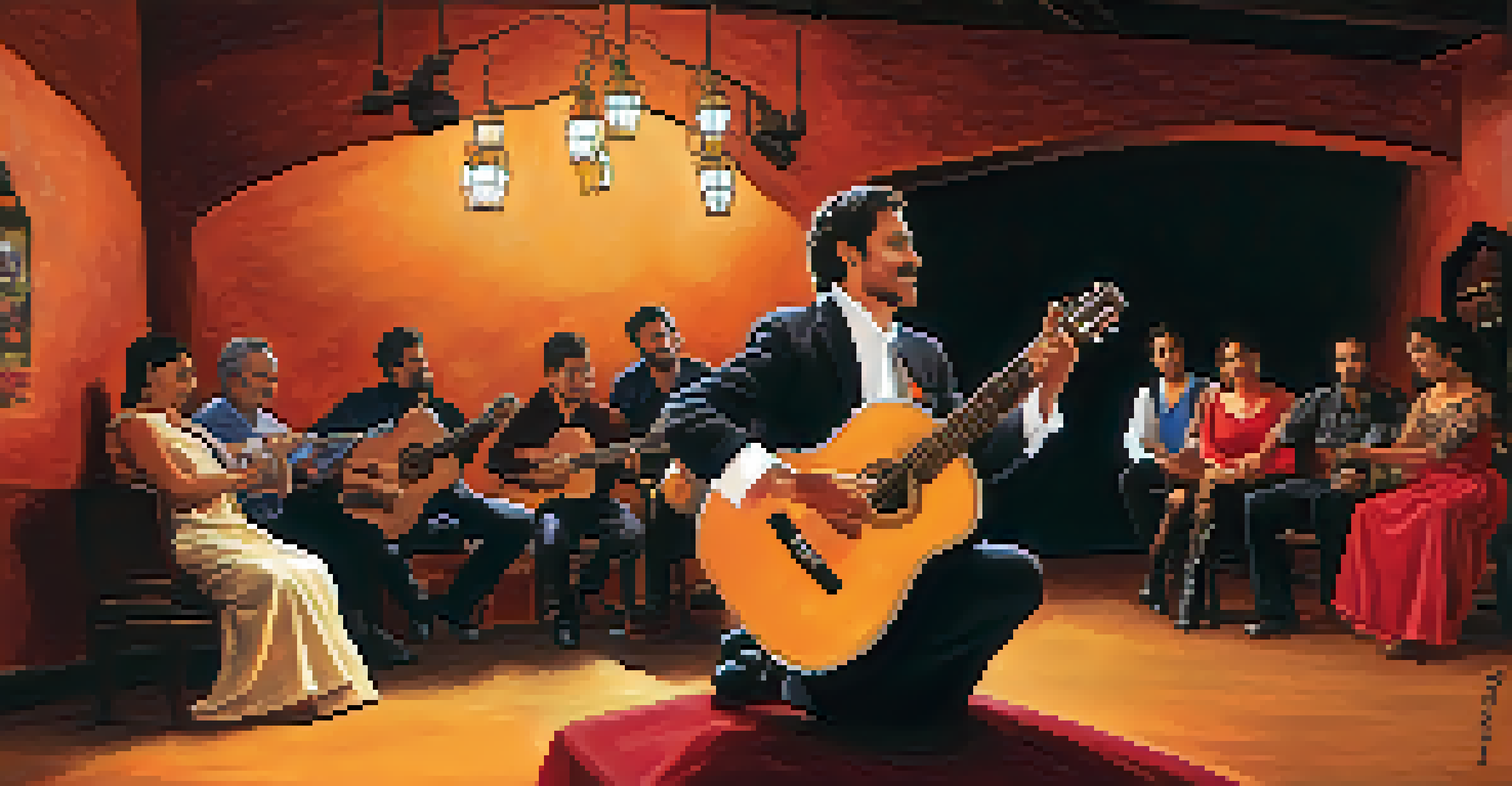 A traditional flamenco performance in a cozy venue, showing a dancer, guitarist, and singer in vibrant costumes under warm lighting.