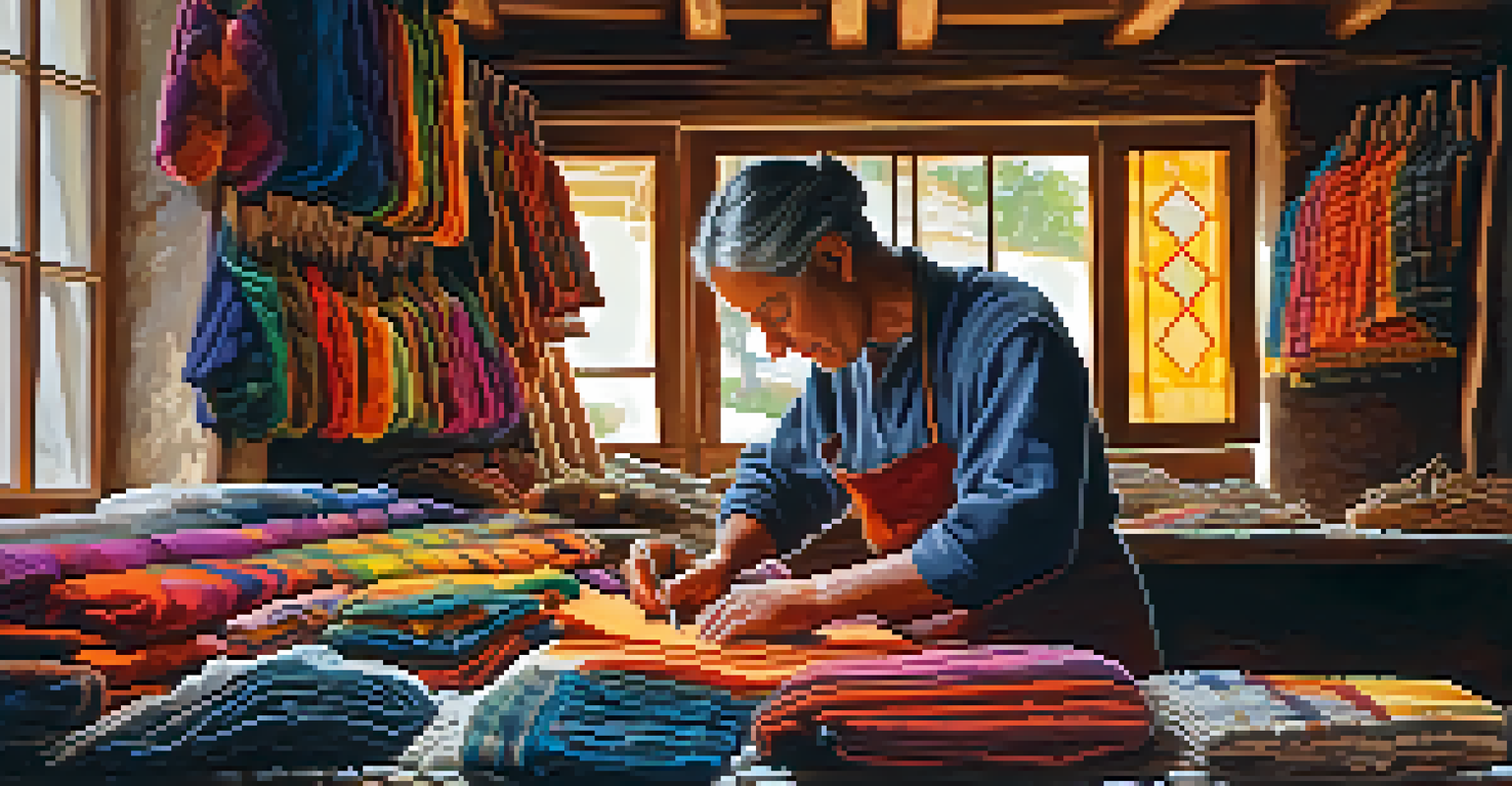 An artisan crafting colorful Galician textiles in a workshop, showcasing traditional patterns and warm lighting that highlights the textures.
