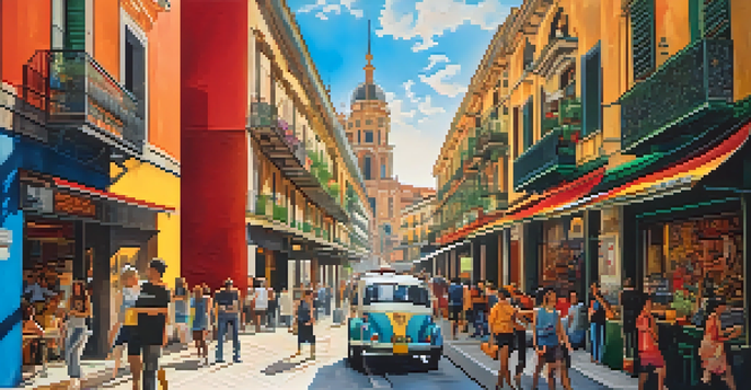 A lively street in Lavapiés, Madrid, with a large colorful mural highlighting social issues, surrounded by people and cafes in warm sunlight.
