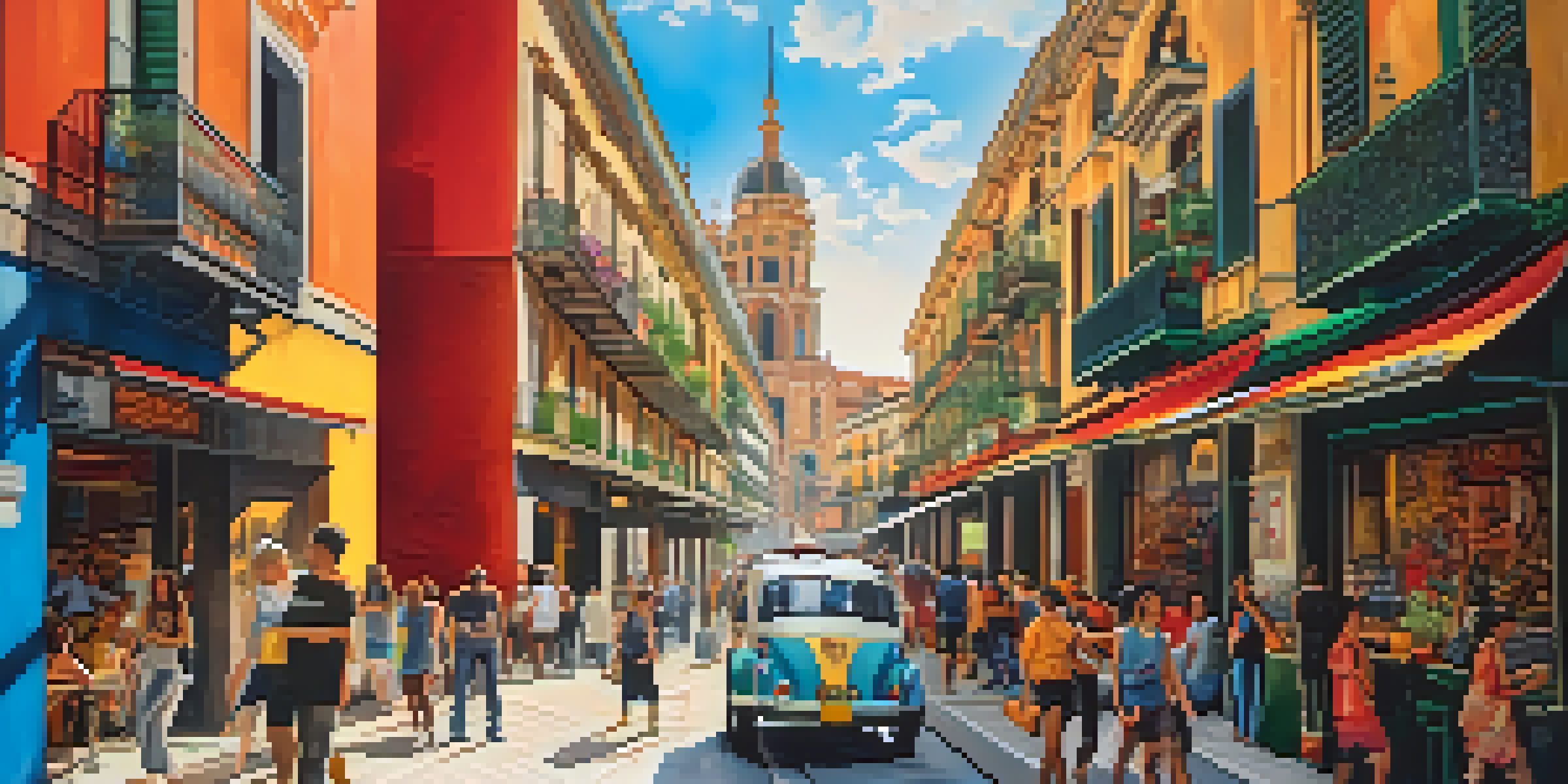 A lively street in Lavapiés, Madrid, with a large colorful mural highlighting social issues, surrounded by people and cafes in warm sunlight.