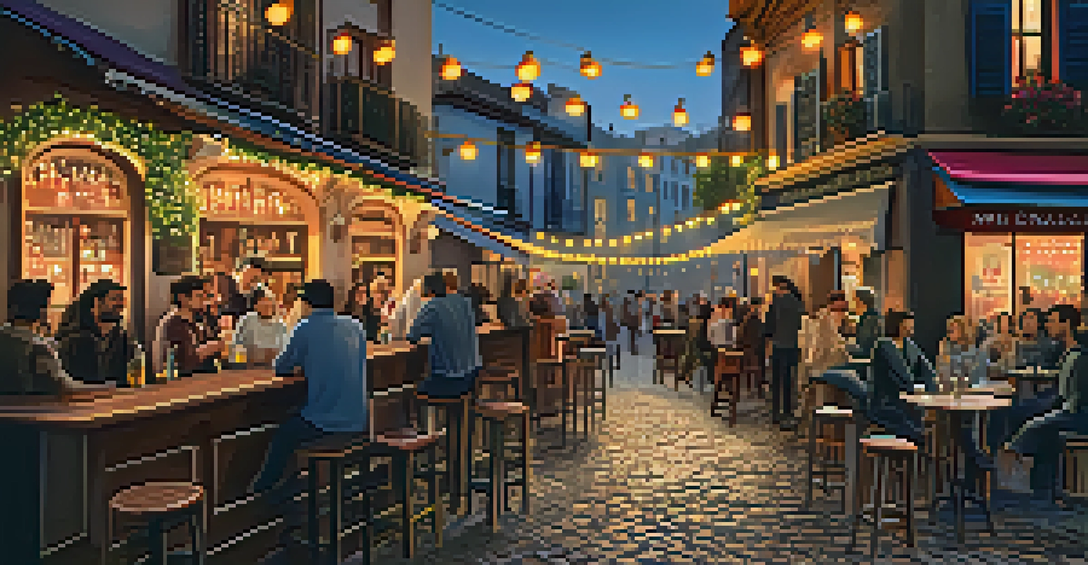 A lively street in Malasaña, Madrid, featuring street art and a bar with live music, creating a bohemian atmosphere.