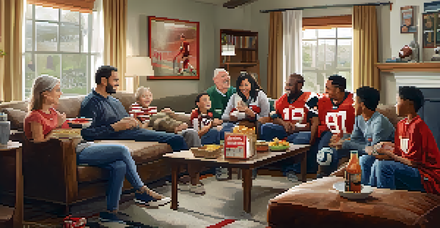 A family of different generations watching a football match at home, surrounded by team memorabilia.