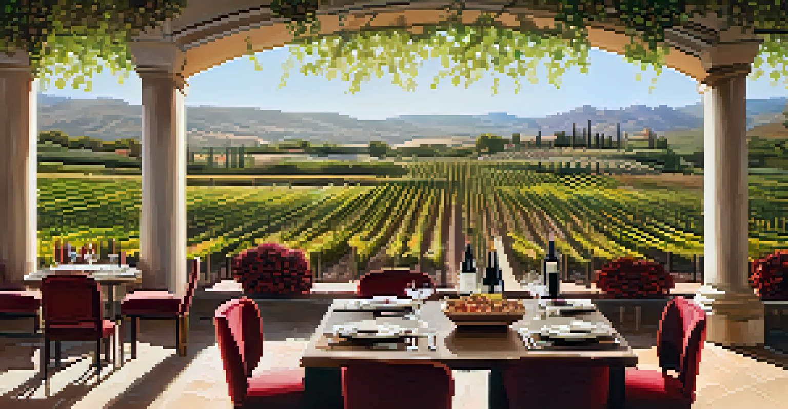 A wine tasting table with glasses of red wine and gourmet snacks, set against lush vineyards in a luxurious setting.
