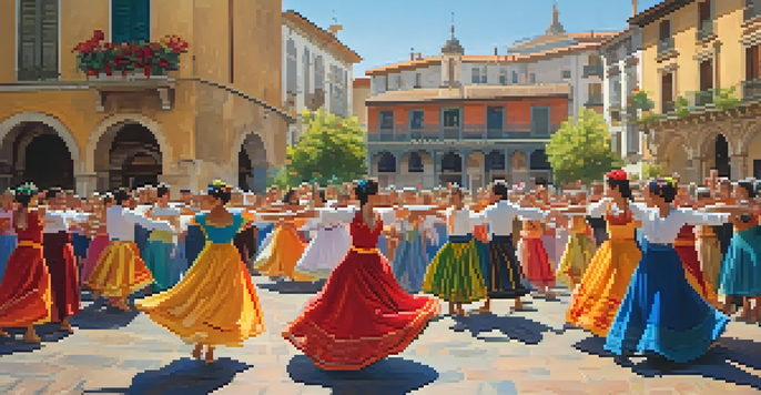 A group of dancers in traditional Catalan attire performing the Sardana dance in a sunny square, surrounded by historic buildings and an audience.