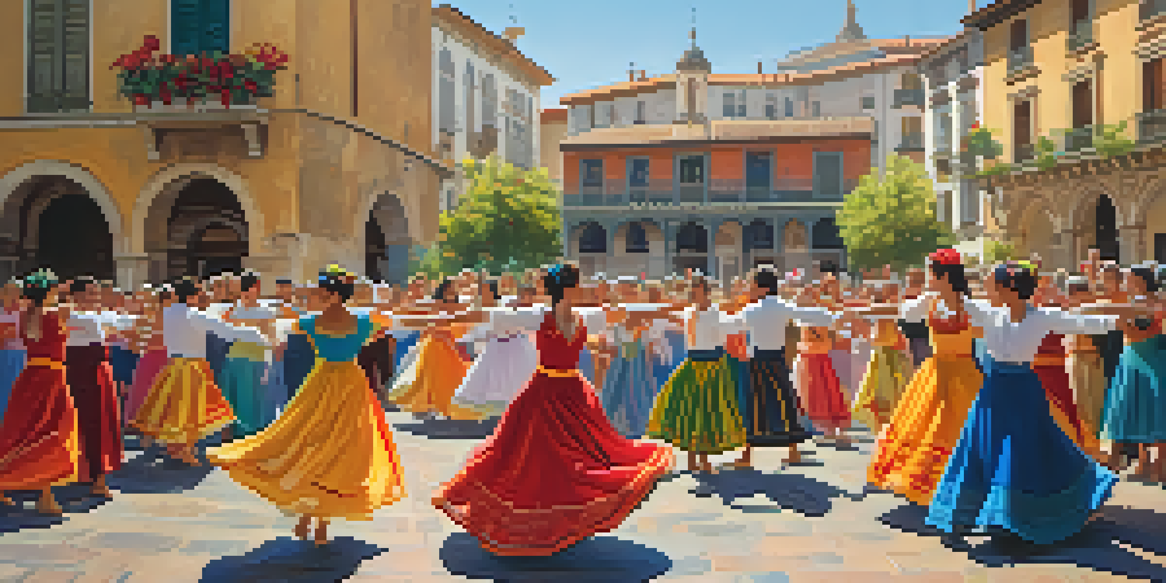 A group of dancers in traditional Catalan attire performing the Sardana dance in a sunny square, surrounded by historic buildings and an audience.