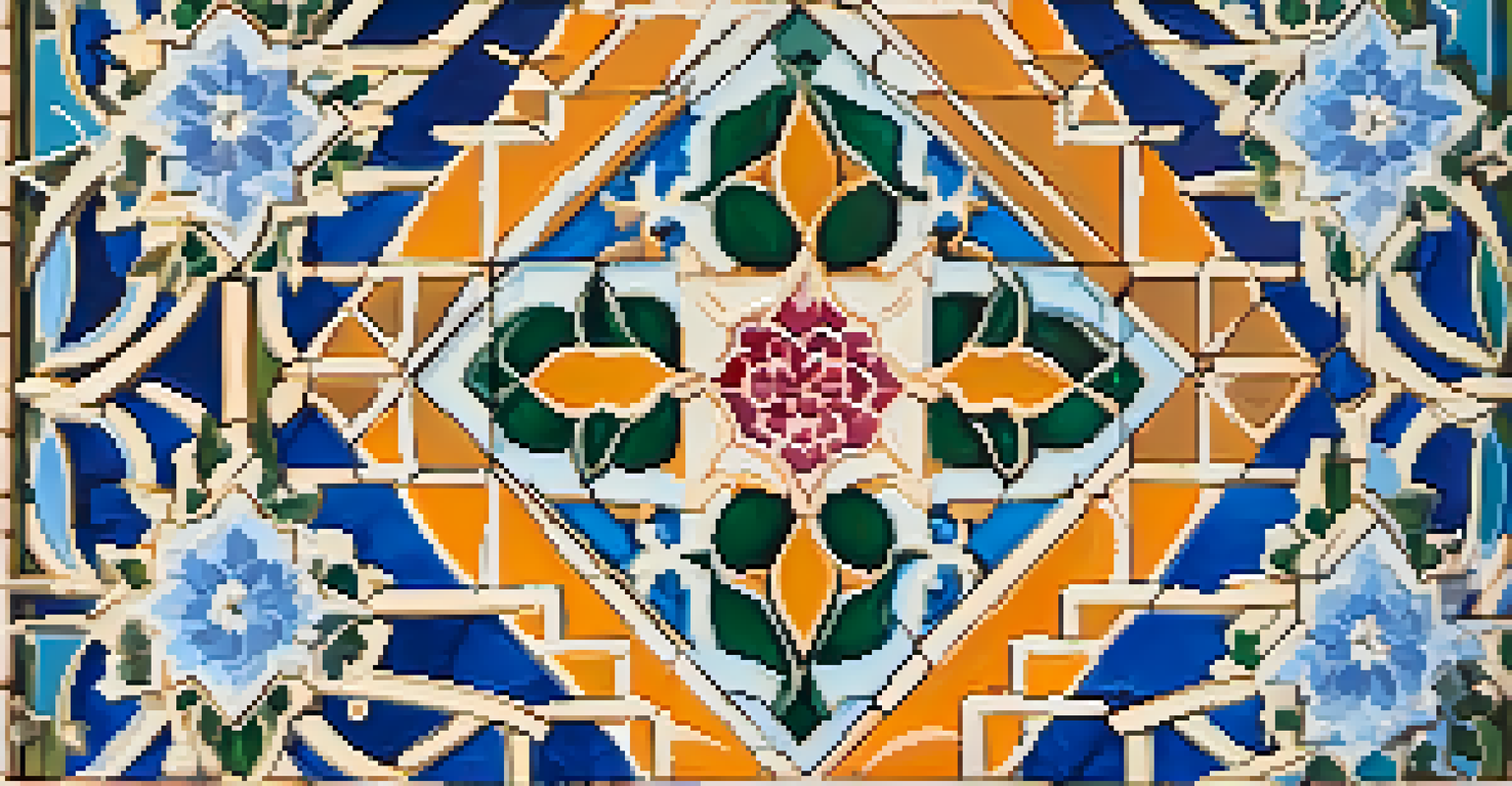 Detailed tiles with geometric patterns surrounded by citrus trees and roses under a blue sky.