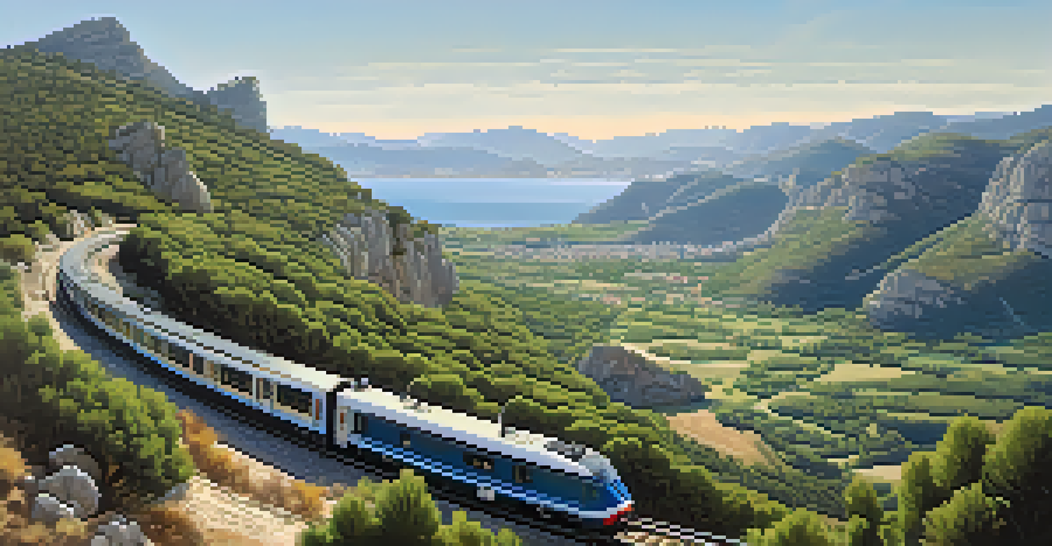 A train traveling through the Sierra de Grazalema Natural Park with mountains and Mediterranean Sea in the background.