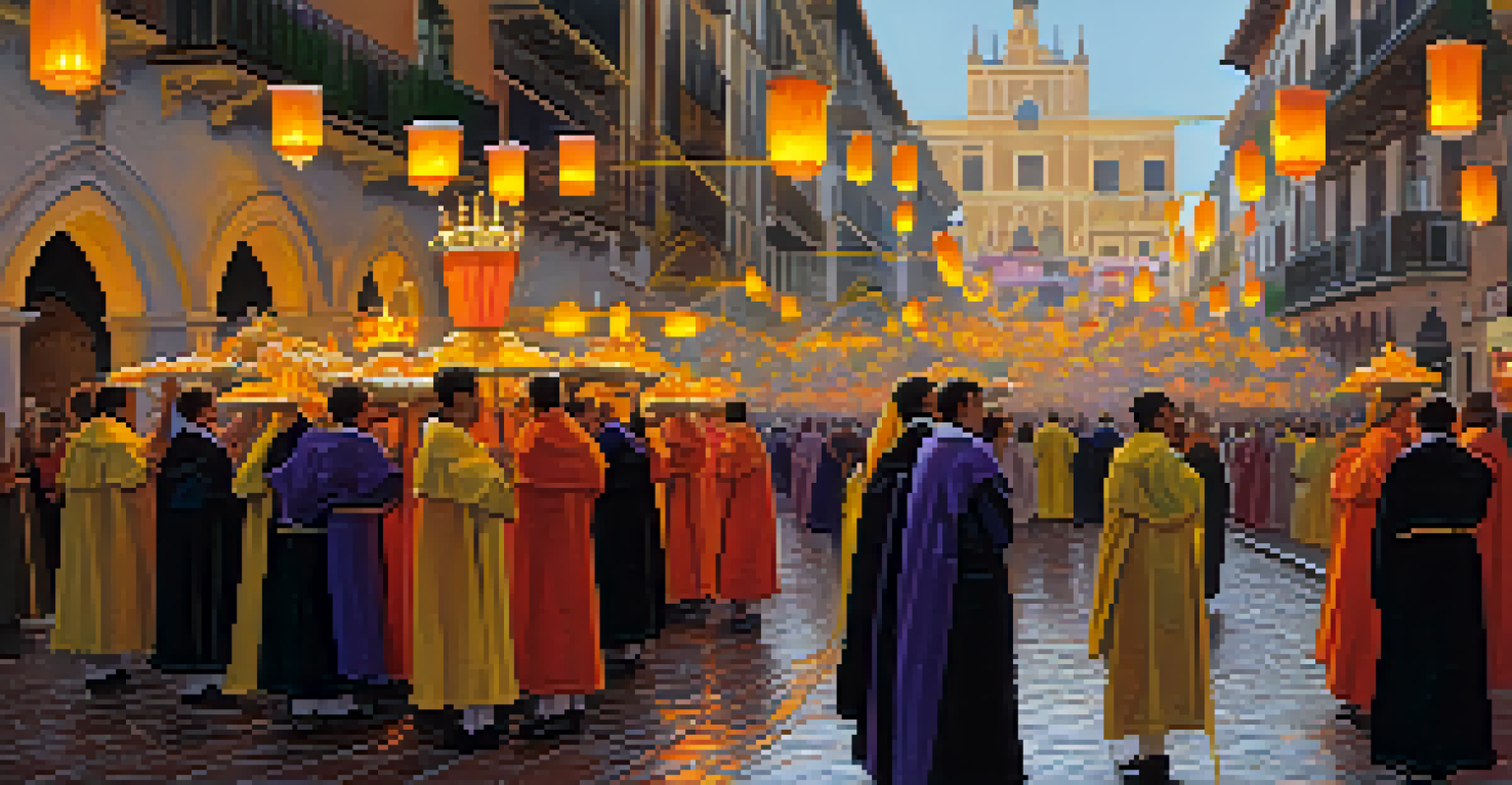 A colorful Semana Santa procession in Seville, with floats, participants in traditional robes, and a crowd watching on rain-soaked cobblestone streets.
