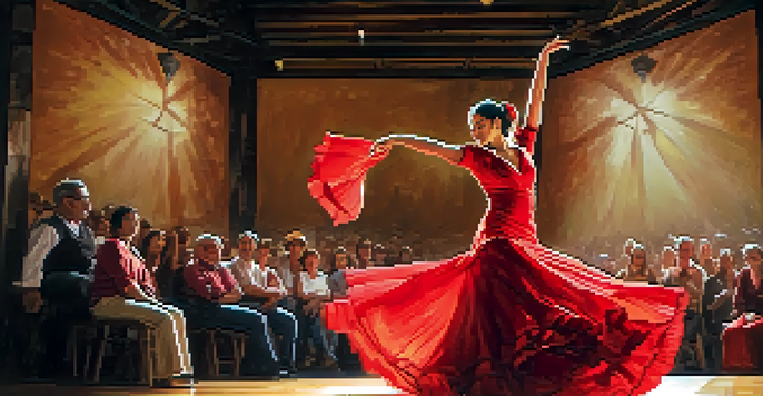 A Flamenco dancer wearing a red dress performing on stage with warm lighting and a Spanish guitar in the background.