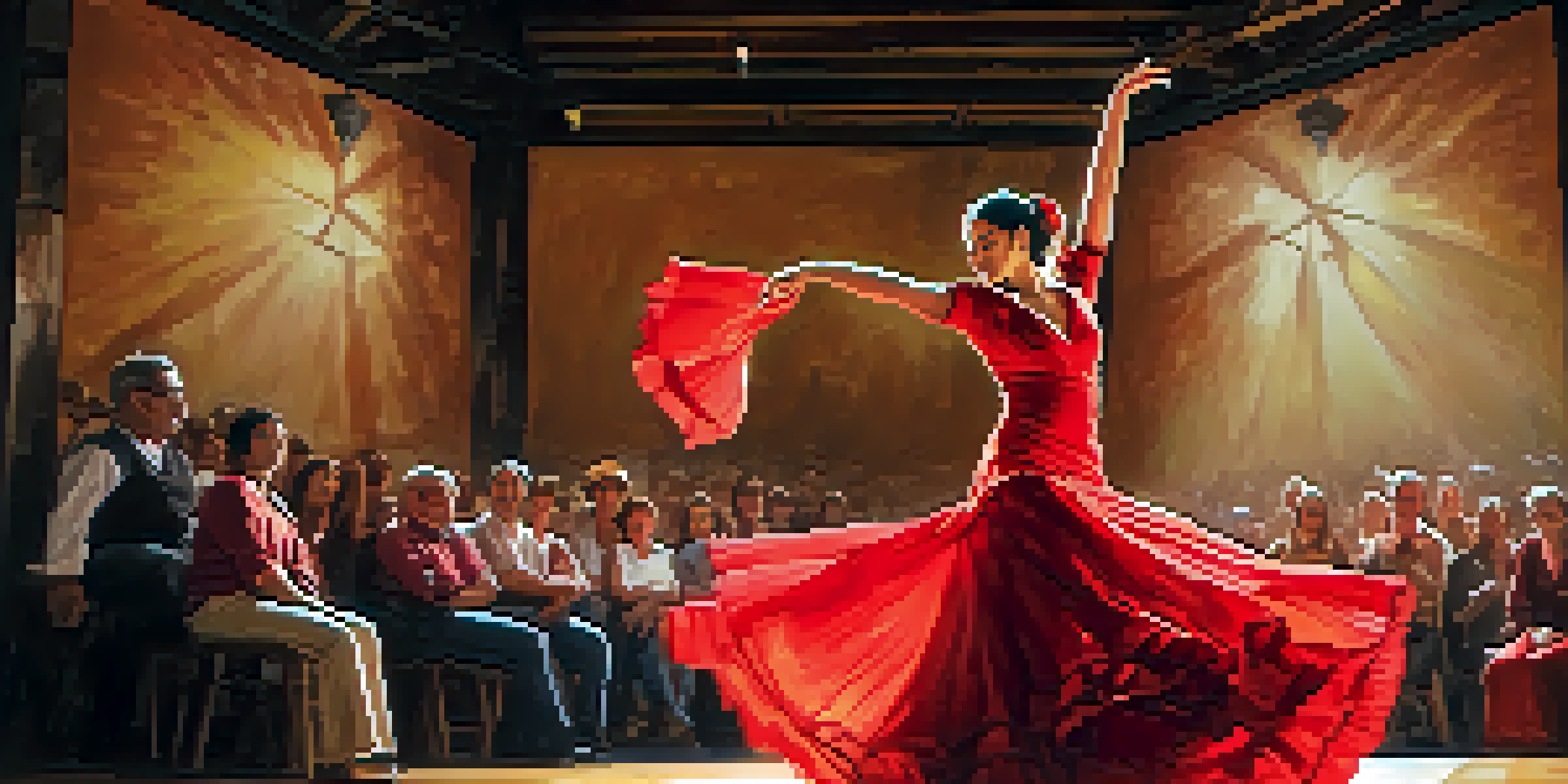 A Flamenco dancer wearing a red dress performing on stage with warm lighting and a Spanish guitar in the background.