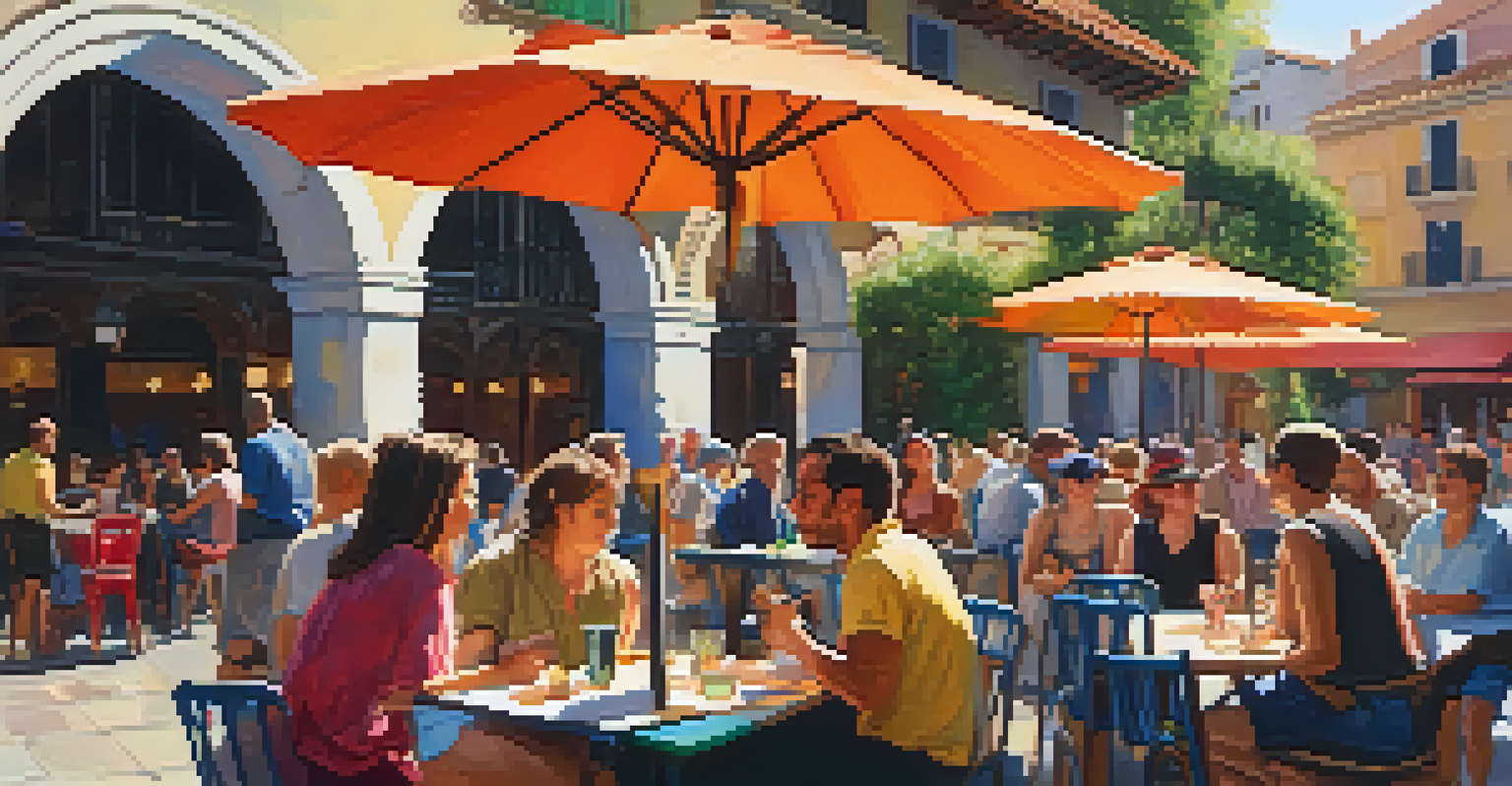 An outdoor language exchange meetup in a lively Spanish plaza with participants of different ages practicing languages under colorful umbrellas.