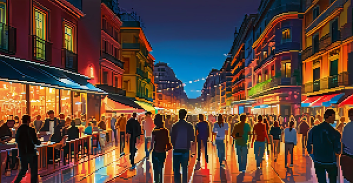 A bustling street in Madrid's Chueca neighborhood illuminated by colorful lights, filled with people enjoying the nightlife.