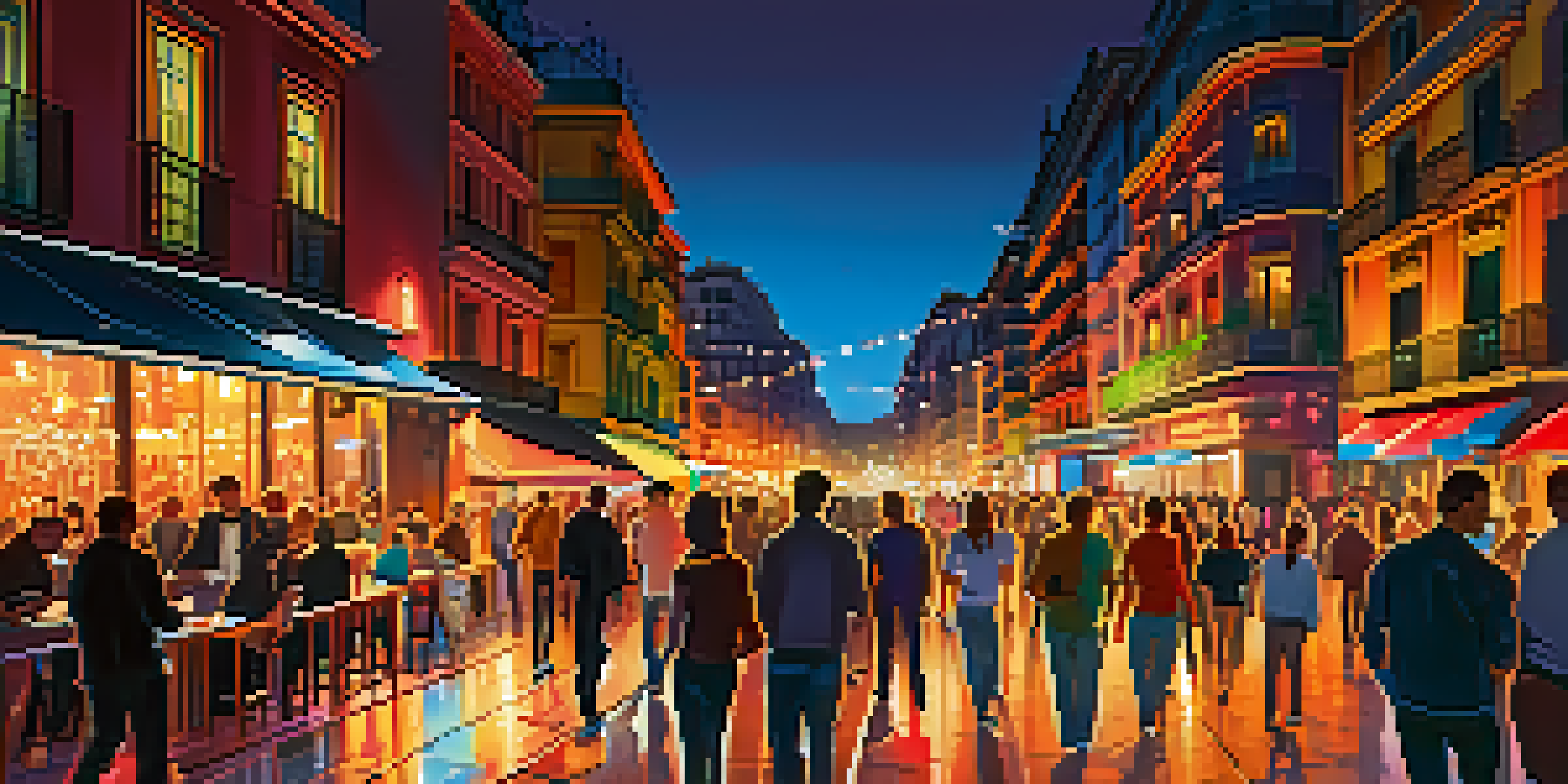 A bustling street in Madrid's Chueca neighborhood illuminated by colorful lights, filled with people enjoying the nightlife.