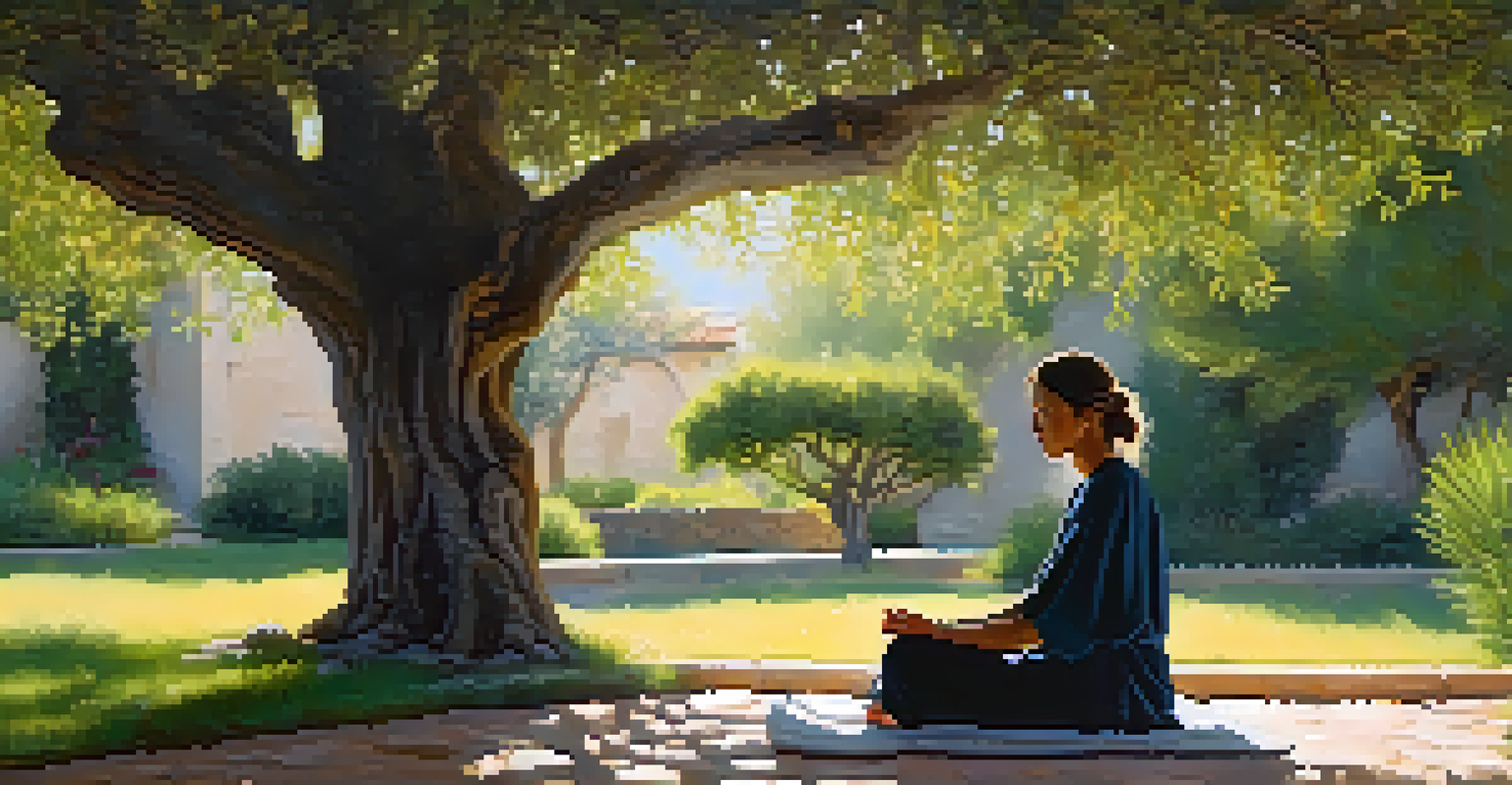 A person meditating in a garden filled with blooming flowers and olive trees, with sunlight creating patterns on the grass.