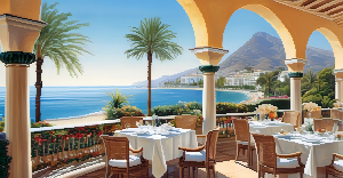 A luxurious beachfront resort in Marbella with a terrace overlooking the Mediterranean Sea, surrounded by lush gardens and a pool.