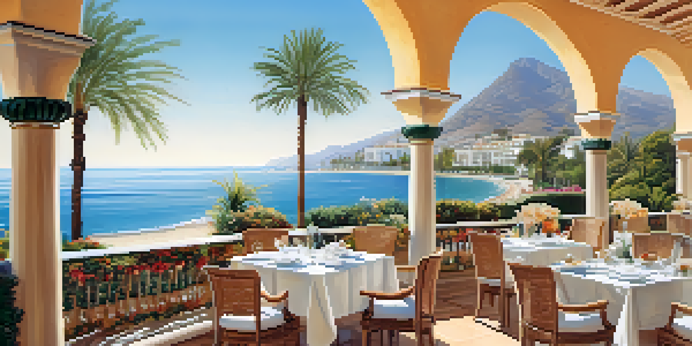 A luxurious beachfront resort in Marbella with a terrace overlooking the Mediterranean Sea, surrounded by lush gardens and a pool.