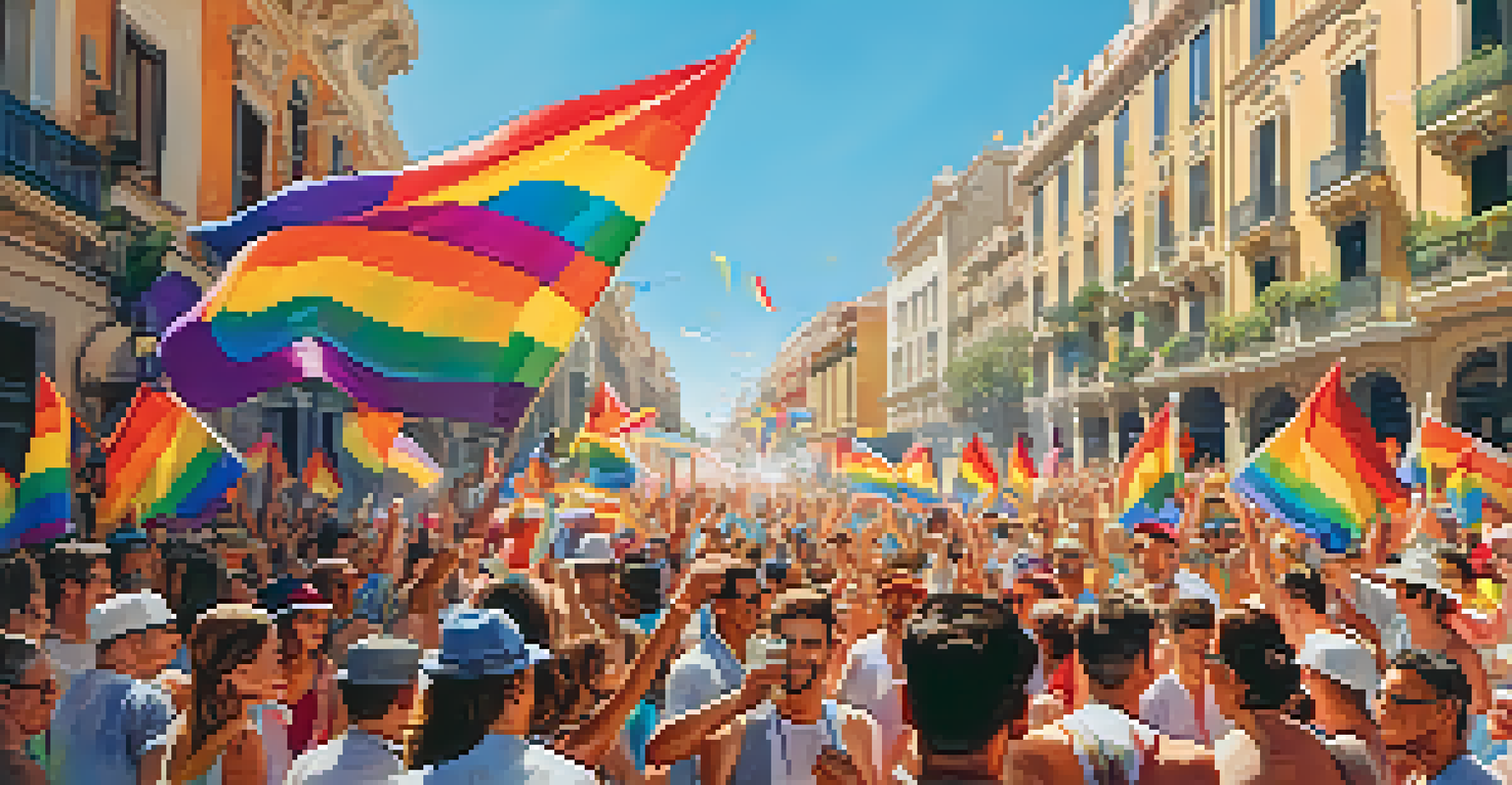 A colorful parade scene from Valencia Pride with participants in costumes, cheering crowds, and rainbow flags.
