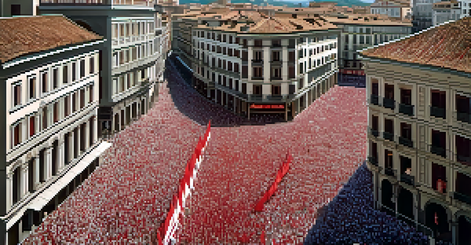 An aerial perspective of Pamplona filled with festival participants in red and white, highlighting the city's historic architecture during the San Fermín festival.